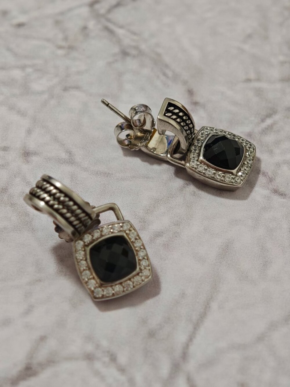 Sterling Silver Black Onyx Drop Earrings, CZ Halo Cable Hook Earrings